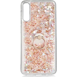 Samsung Galaxy A70 A705 Kılıf Pullu Sulu Yüzüklü Kalp Simli Standlı Silikon Milce Kapak Luxury