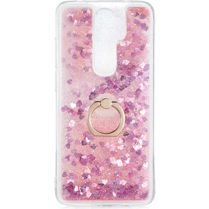 Xiaomi Redmi 9 Kılıf Pullu Sulu Yüzüklü Kalp Simli Standlı Silikon Milce Kapak Luxury