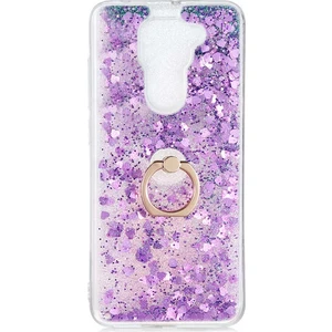 General Mobile Gm 5 Plus Kılıf Pullu Sulu Yüzüklü Kalp Simli Standlı Silikon Milce Kapak Luxury