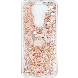 General Mobile Gm 5 Plus Kılıf Pullu Sulu Yüzüklü Kalp Simli Standlı Silikon Milce Kapak Luxury