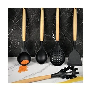 Senin Dükkanın Spatula - Kepçe- Kaşık- Makarna - Kevgir Siyah Mutfak 5 Parça Servis Seti