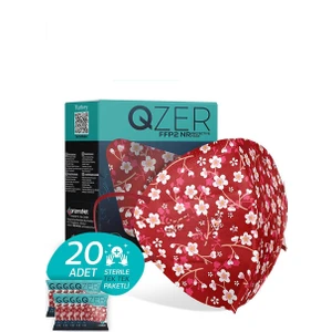 Qzer Kırmızı Çiçek Desenli Ffp2 N95 Maske 5 Katmanlı