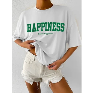 Kadın Happiness Baskılı Oversize T-Shirt