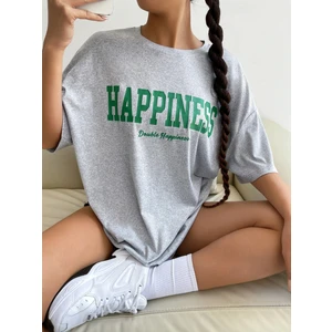 Kadın Happiness Baskılı Oversize T-Shirt
