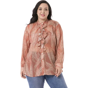 Disentis Modest Büyük Beden Yakası Volanlı Manşetli Şifon Kiremit Rengi Gömlek