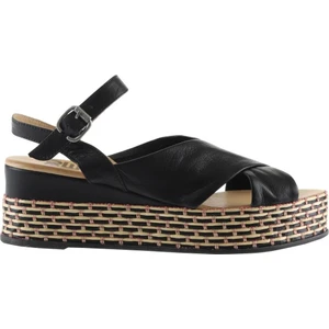 Bueno Shoes Siyah Sole Deri Kadın Dolgu Topuklu Sandalet