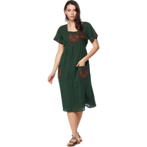 Şile Bezi Yeşil Kısa Kollu Nakışlı Elbise