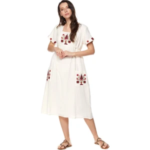 Şile Bezi Krem Kısa Kollu Nakışlı Elbise