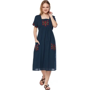 Şile Bezi Petrol Kısa Kollu Nakışlı Elbise