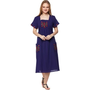 Şile Bezi Mor Kısa Kollu Nakışlı Elbise