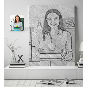 Kişiye Özel Kadın Öğretmen Karakalem Tasarımlı Kanvas Tablo 50X70CM-1