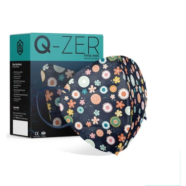 Qzer Lacivert Çiçek Desenli Ffp2 N95 Maske Meltblown