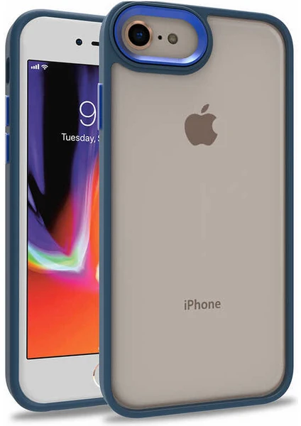 Caseart Apple iPhone 8 Kapak Metal Kamera Korumalı Arkası Şeffaf Silikon Kılıf - Mavi