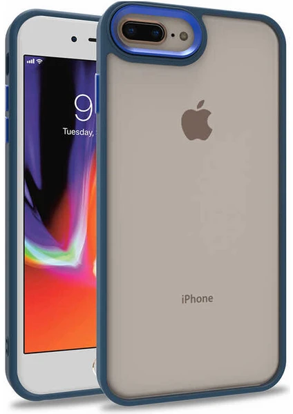 Caseart Apple iPhone 7 Plus Kapak Metal Kamera Korumalı Arkası Şeffaf Silikon Kılıf - Mavi