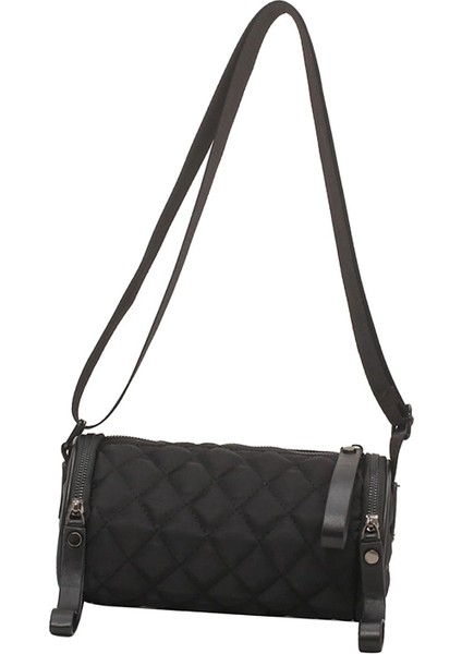 Moda Kadın Varil Şekilli Omuz Çantası Kapitone Naylon Casual Crossbody Çanta Siyah (Yurt Dışından)