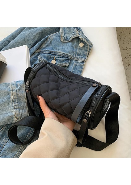 Moda Kadın Varil Şekilli Omuz Çantası Kapitone Naylon Casual Crossbody Çanta Siyah (Yurt Dışından) fırsatları