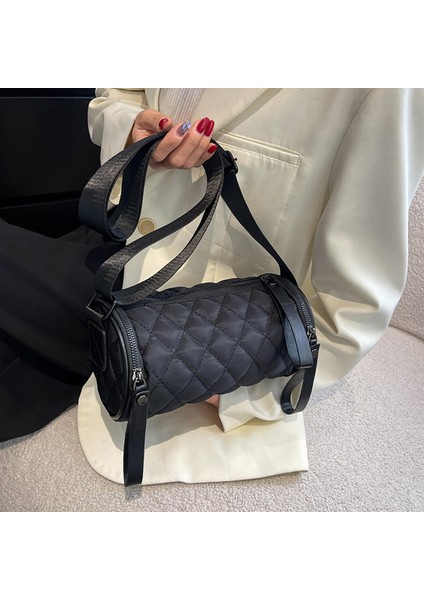 Moda Kadın Varil Şekilli Omuz Çantası Kapitone Naylon Casual Crossbody Çanta Siyah (Yurt Dışından) indirimleri