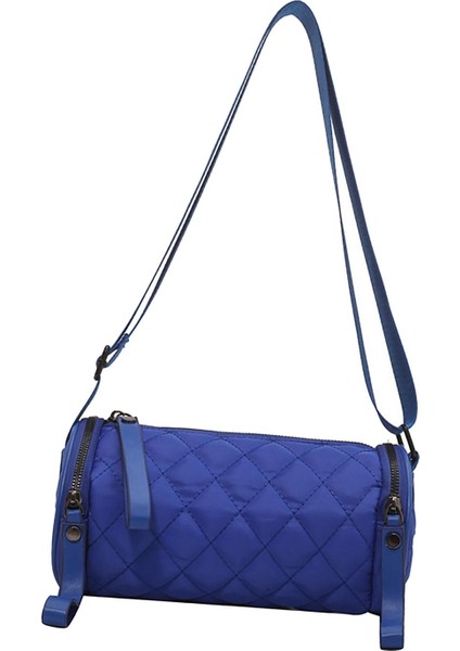 Moda Kadın Varil Şekilli Omuz Çantası Kapitone Naylon Casual Crossbody Çanta Mavi (Yurt Dışından)