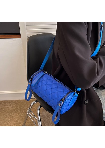 Moda Kadın Varil Şekilli Omuz Çantası Kapitone Naylon Casual Crossbody Çanta Mavi (Yurt Dışından)