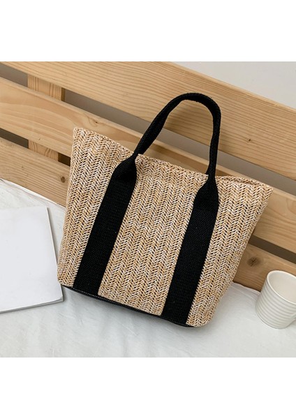 Yaz Straw Bag Alışveriş Tote Kadınlar Kadın Plaj Omuz Çantaları Seyahat Siyah (Yurt Dışından)