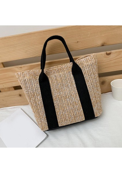 Yaz Straw Bag Alışveriş Tote Kadınlar Kadın Plaj Omuz Çantaları Seyahat Siyah (Yurt Dışından)