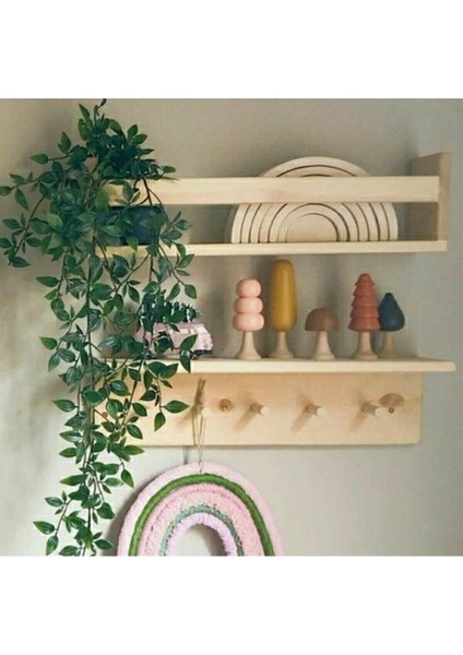 Ahşap, Askılık Raf ve Kitaplık Raf, Eğitici Montessori Raf, 2li, 60 cm