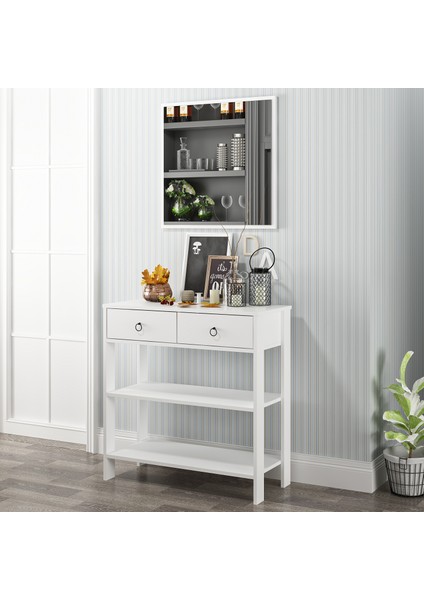 Luke Modern Dekoratif Aynalı 2 Çekmeceli 2 Raflı Dresuar Beyaz