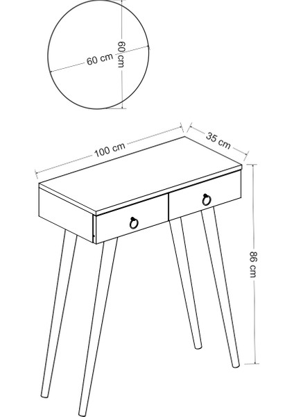 Arden Ahşap Ayaklı Yuvarlak Aynalı Modern Dekoratif Dresuar Antrasit 100 cm