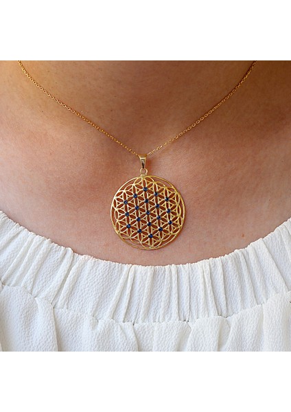 Lacivert Taşlı Yaşam Çiçeği Gümüş Kolye