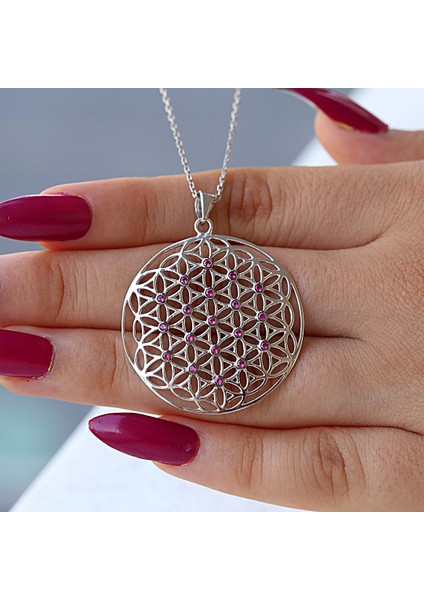 Kırmızı Taşlı Yaşam Çiçeği Gümüş Kolye fiyatları