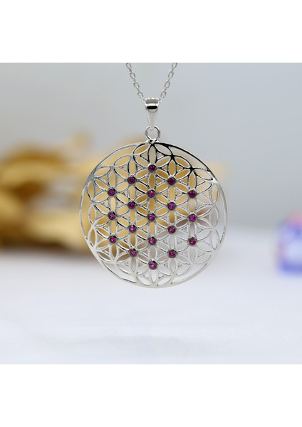 Kırmızı Taşlı Yaşam Çiçeği Gümüş Kolye modelleri