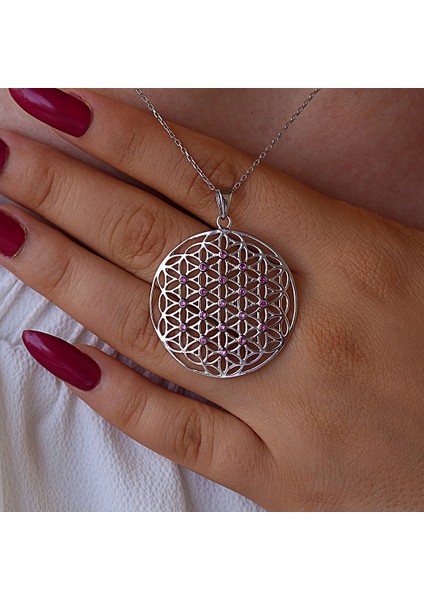 Kırmızı Taşlı Yaşam Çiçeği Gümüş Kolye fırsatları