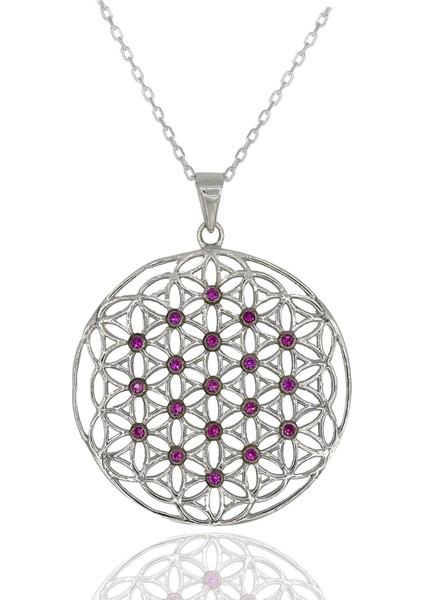 Kırmızı Taşlı Yaşam Çiçeği Gümüş Kolye indirimleri