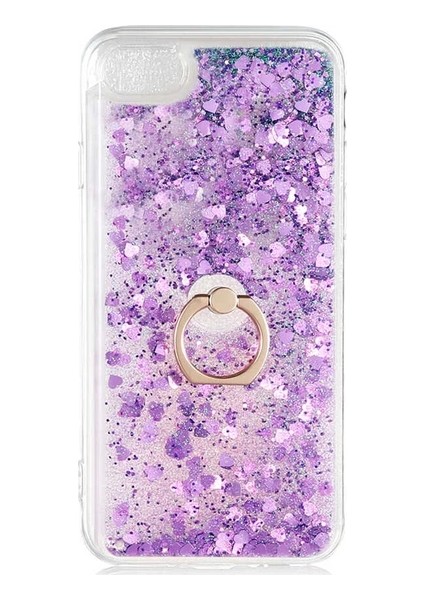 Apple iphone 8 Kılıf Pullu Sulu Yüzüklü Kalp Simli Standlı Silikon Milce Kapak Luxury