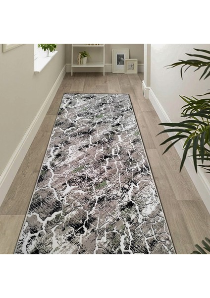 Yıkanabilir Kaymaz Taban Desen 404 Gri Yesil Kesme Yolluk Halı 100 x 300 cm