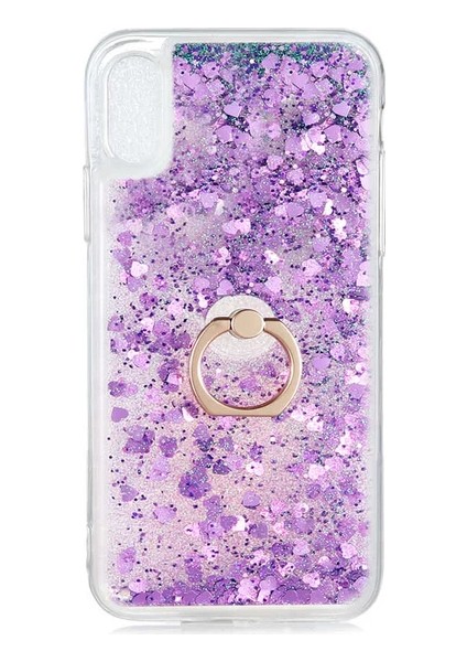 Apple iphone Xs Max Kılıf Pullu Sulu Yüzüklü Kalp Simli Standlı Silikon Milce Kapak Luxury