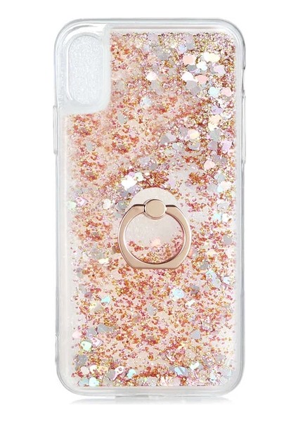 Apple iphone Xs Max Kılıf Pullu Sulu Yüzüklü Kalp Simli Standlı Silikon Milce Kapak Luxury