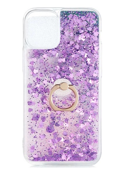 Apple iphone 11 Kılıf Pullu Sulu Yüzüklü Kalp Simli Standlı Silikon Milce Kapak Luxury
