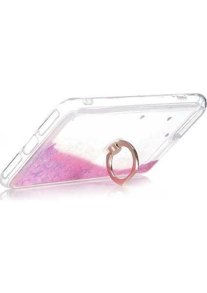 Apple iphone 13 Pro Max Kılıf Pullu Sulu Yüzüklü Kalp Simli Standlı Silikon Milce Kapak Luxury