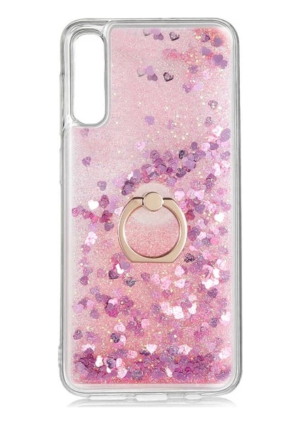 Samsung Galaxy A70 A705 Kılıf Pullu Sulu Yüzüklü Kalp Simli Standlı Silikon Milce Kapak Luxury