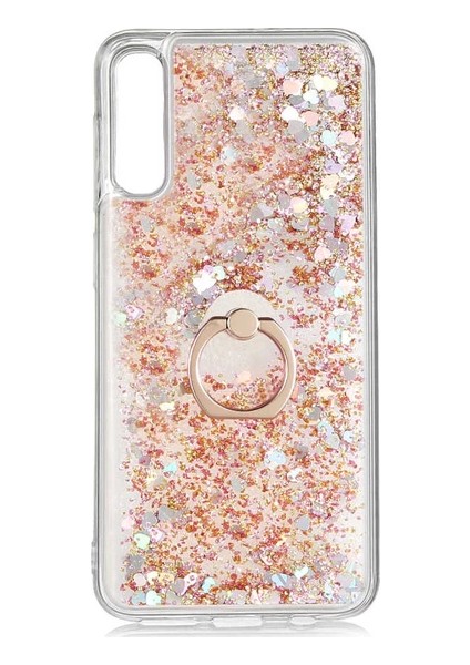 Samsung Galaxy A70 A705 Kılıf Pullu Sulu Yüzüklü Kalp Simli Standlı Silikon Milce Kapak Luxury