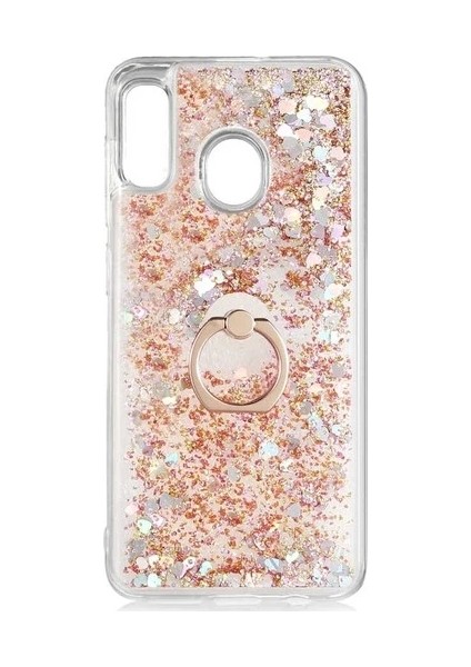 Huawei Y9 Prime 2019 STK-L21 Kılıf Pullu Sulu Yüzüklü Kalp Simli Standlı Silikon Milce Kapak Luxury