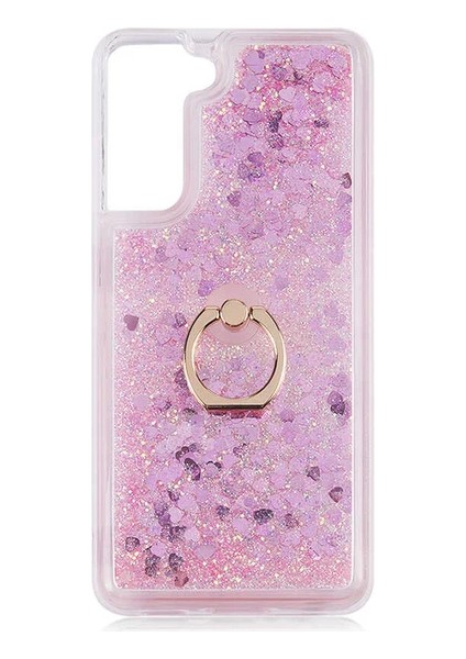 Samsung Galaxy S21 Fe G990 Kılıf Pullu Sulu Yüzüklü Kalp Simli Standlı Silikon Milce Kapak Luxury