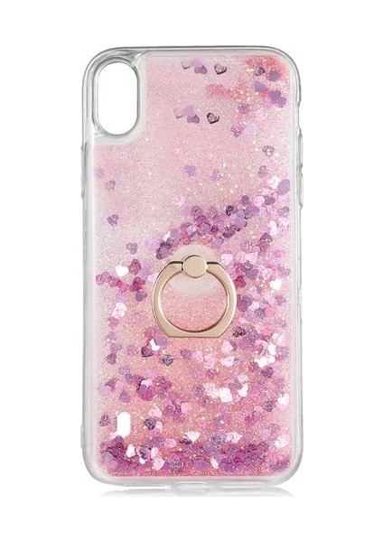 Huawei Y6 2019 Mrd-Lx1 Kılıf Pullu Sulu Yüzüklü Kalp Simli Standlı Silikon Milce Kapak Luxury