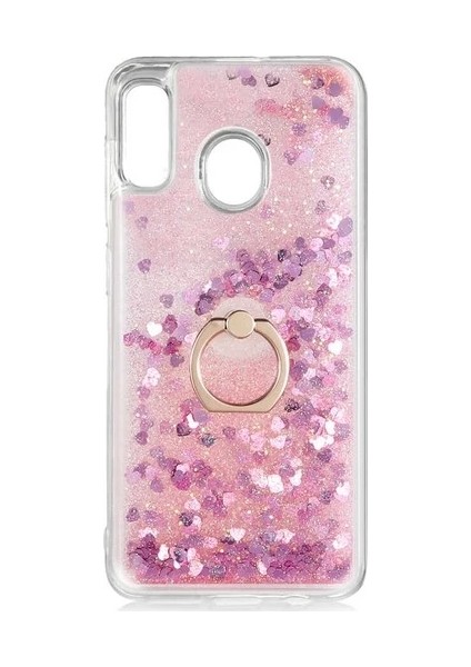Huawei Y6S JAT-L41 Kılıf Pullu Sulu Yüzüklü Kalp Simli Standlı Silikon Milce Kapak Luxury