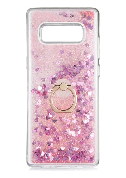 Samsung Galaxy Note 8 N950 Kılıf Pullu Sulu Yüzüklü Kalp Simli Standlı Silikon Milce Kapak Luxury