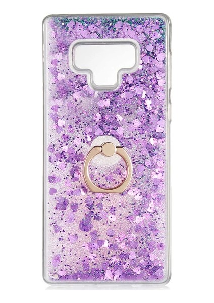 Samsung Galaxy Note 9 N960 Kılıf Pullu Sulu Yüzüklü Kalp Simli Standlı Silikon Milce Kapak Luxury