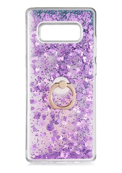 Samsung Galaxy Note 8 N950 Kılıf Pullu Sulu Yüzüklü Kalp Simli Standlı Silikon Milce Kapak Luxury