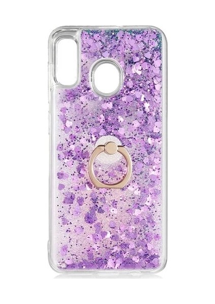 Huawei P30 Lite MAR-LX1A Kılıf Pullu Sulu Yüzüklü Kalp Simli Standlı Silikon Milce Kapak Luxury