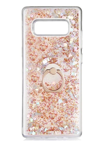 Samsung Galaxy Note 8 N950 Kılıf Pullu Sulu Yüzüklü Kalp Simli Standlı Silikon Milce Kapak Luxury